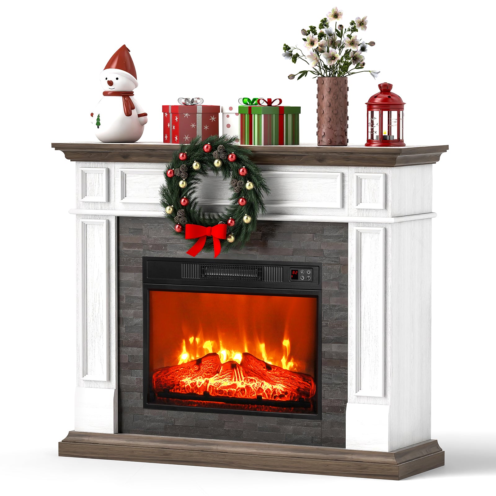 LGHM 44 Inch Electric Fireplace with Mantel, Tall Fireplace Heater Freestanding, Realistic Stacked Stone Surround with Remote Control Timer LED Flame for Living Room, Bedroom