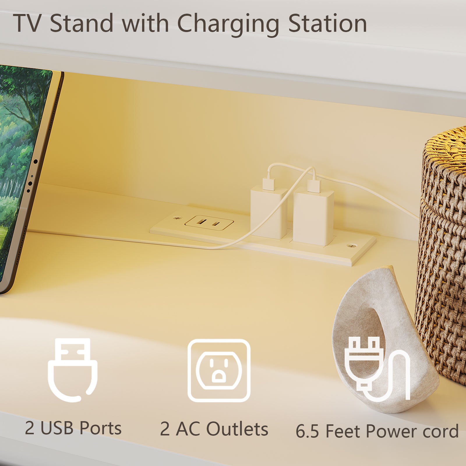 70" Electric Fireplace TV Stand with Charging Station & LED Lights for TVs up to 80", White