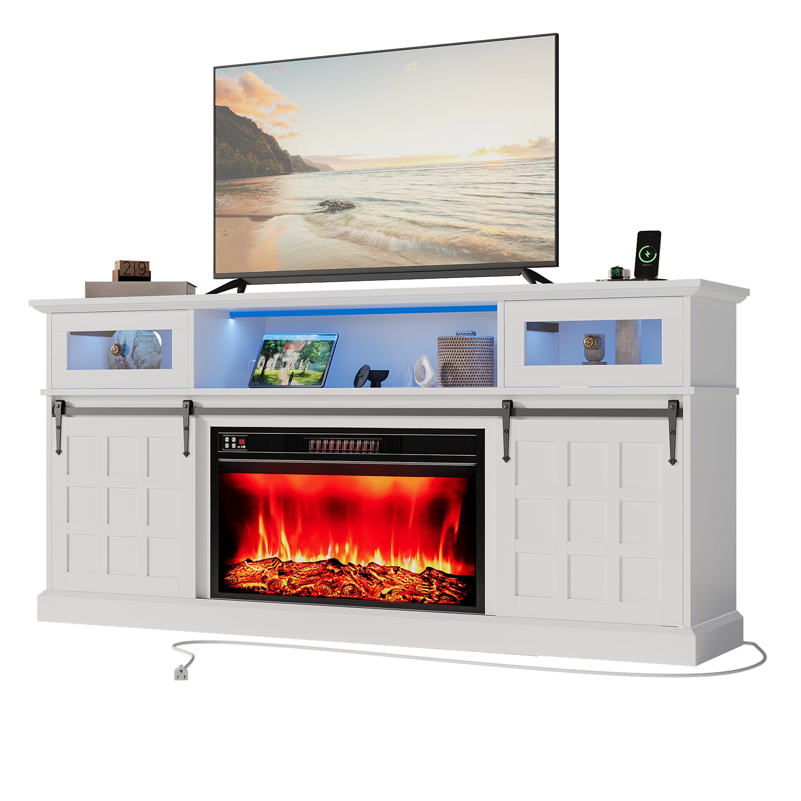 70" Electric Fireplace TV Stand with Charging Station & LED Lights for TVs up to 80", White