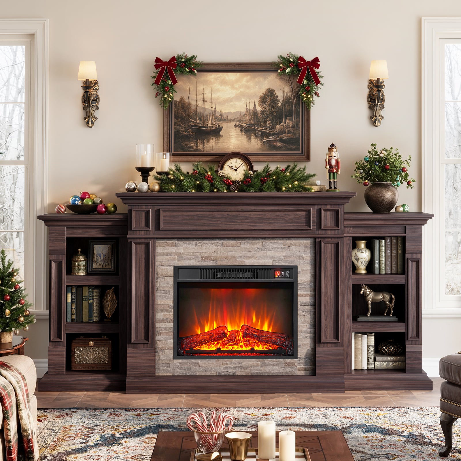LGHM 72" Electric Fireplace with Mantel for TVs Up to 80 Inch, Black