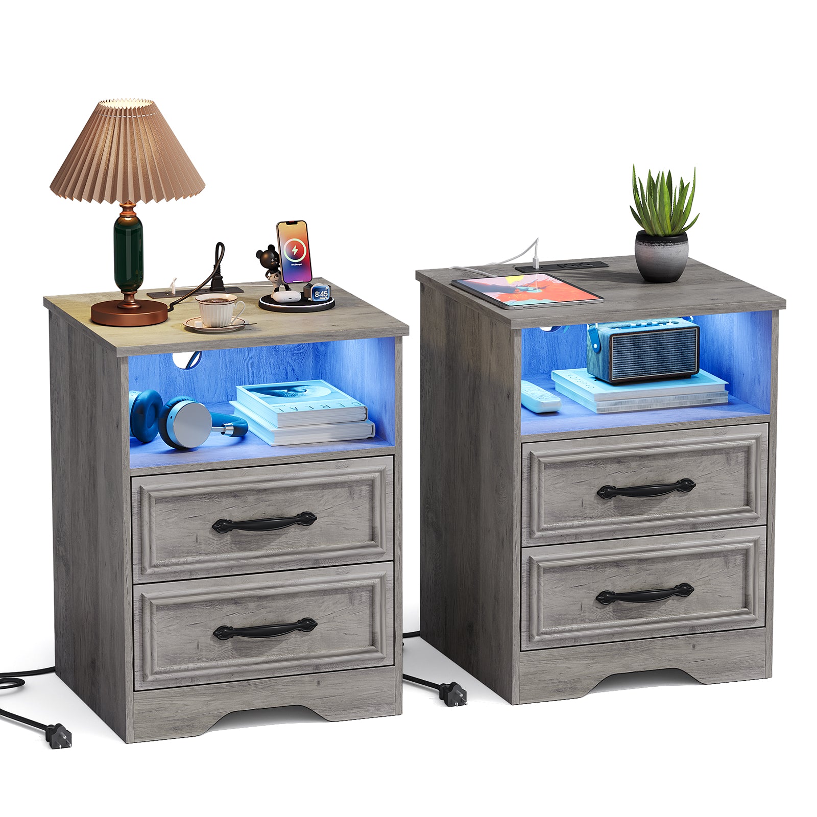 Nightstand Set of 2 with Charging Station and LED Lights for Bedroom, Gray