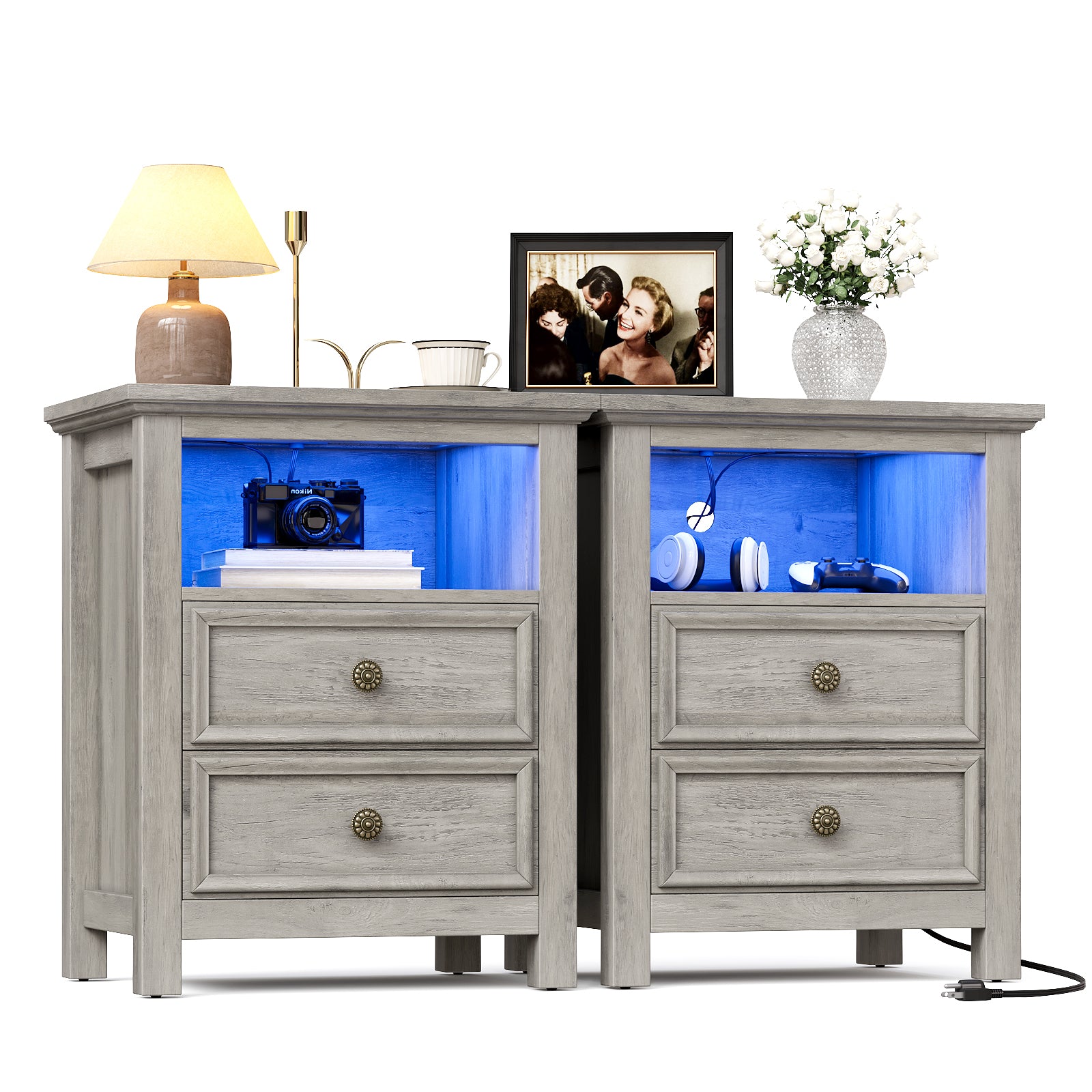 Set of 2 Nightstand with Charger Station Strip Lights,20" W Night Stand with Drawers for Bedroom, Large Accent Bed Side Table and End Table with Open Compartment-Easy Pull Handle, Textured Border,Gray