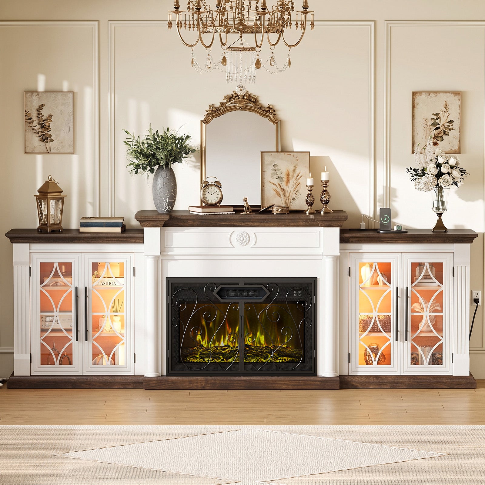 LGHM 104" Modular Fireplace TV Stand with LED & Outlet,  Entertainment Center With Led Lighting And Outlet& Storage Cabinets, Large Media Console Table With 30" Electric Fireplace Colorful Flames&Retro Scrollwork Doors