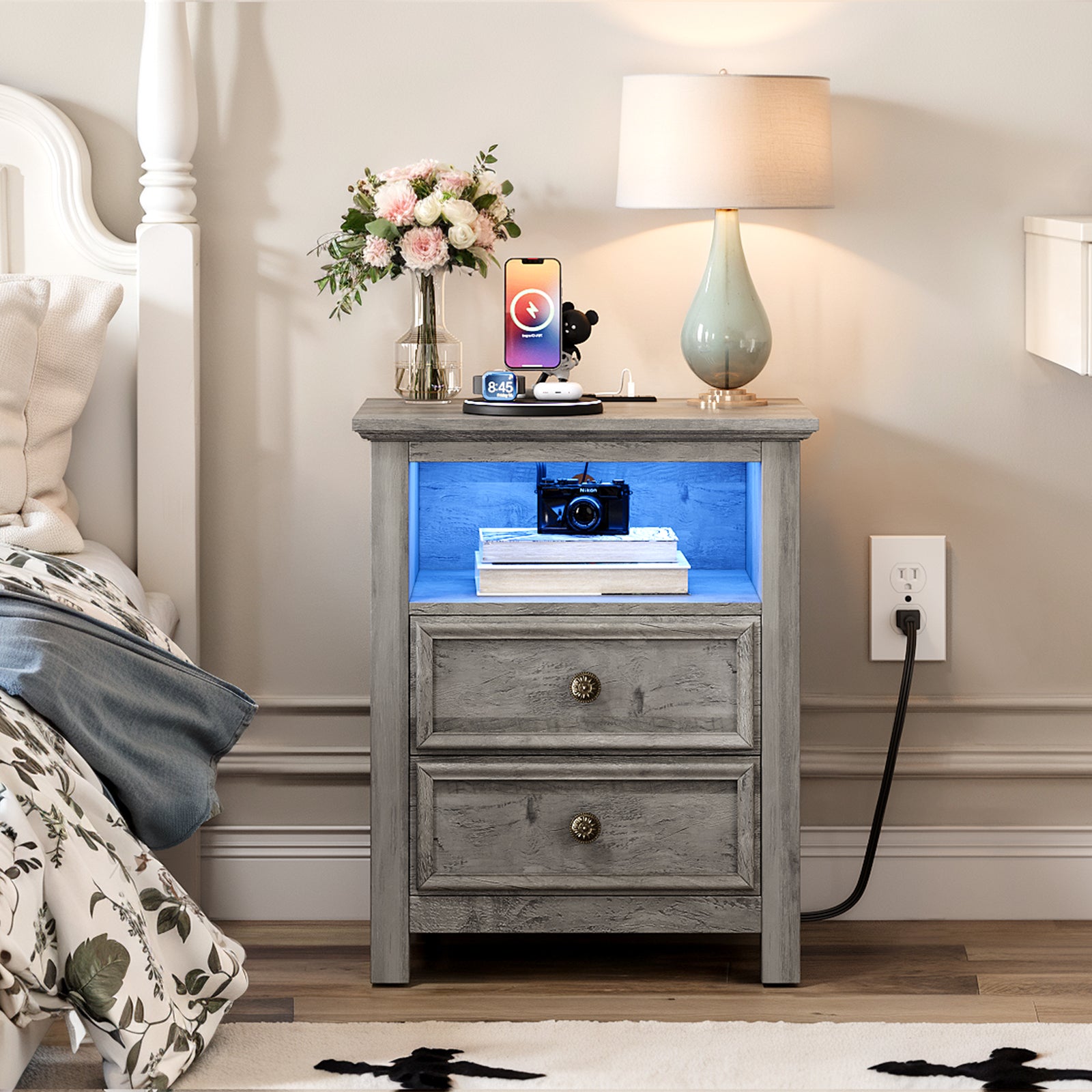 LGHM Set of 2 Nightstand with Charger Station Strip Lights,20" W Night Stand with Drawers for Bedroom, Large Accent Bed Side Table and End Table with Open Compartment-Easy Pull Handle, Textured Border,Gray
