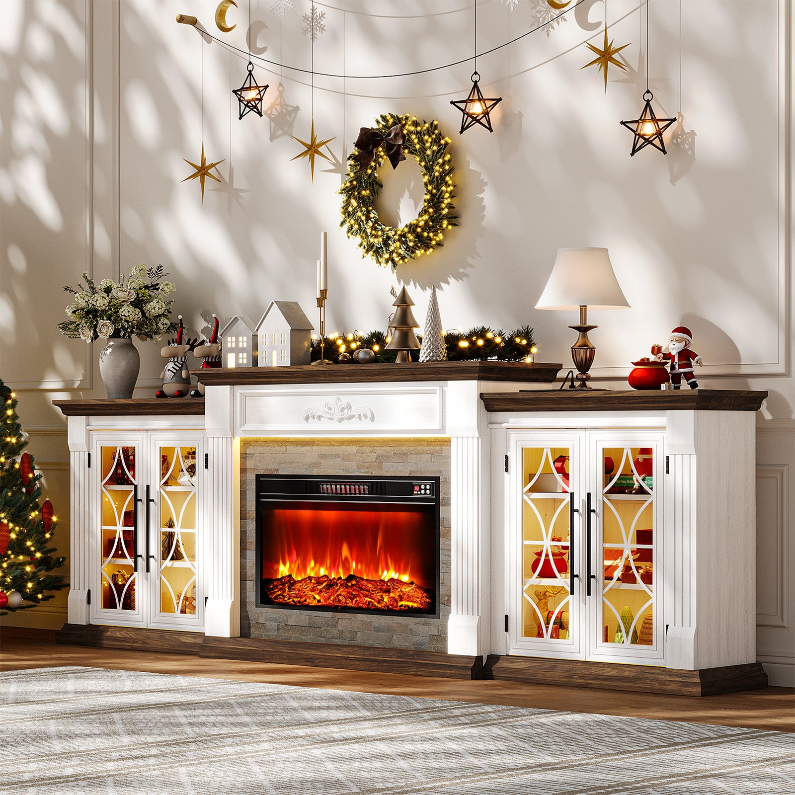 LGHM 104" Farmhouse Fireplace TV Stand for TVs Up to 110", 3-in-1 Modular Entertainment Center with 30" Electric Fireplace, LED Lights & Storage, Cozy Living Room Decor