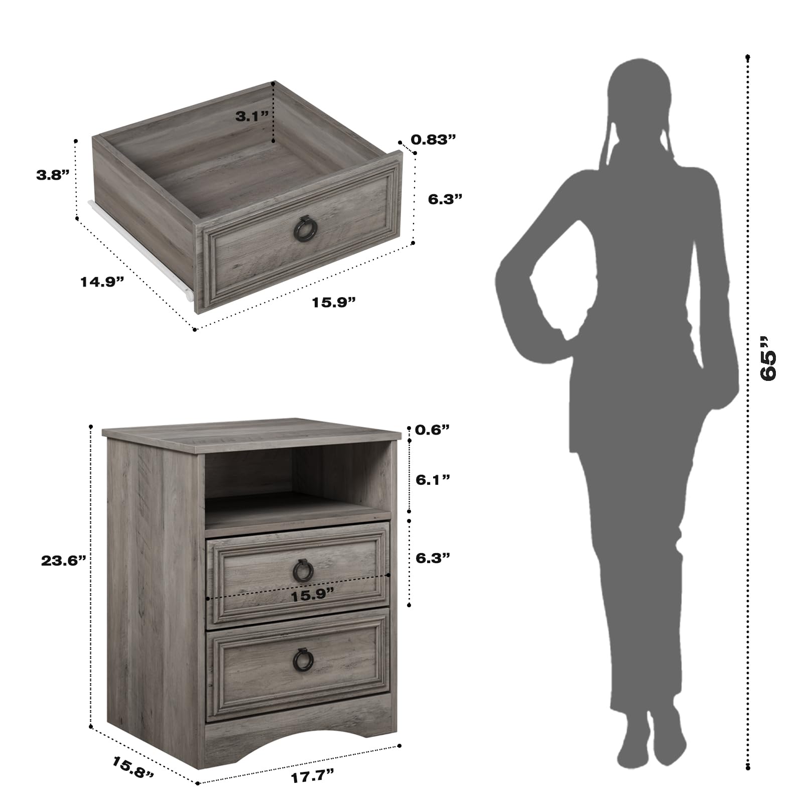 Nightstand Set of 2, Night Stand with LED Lights Charger Station, Accent Bed Side Table, Grey