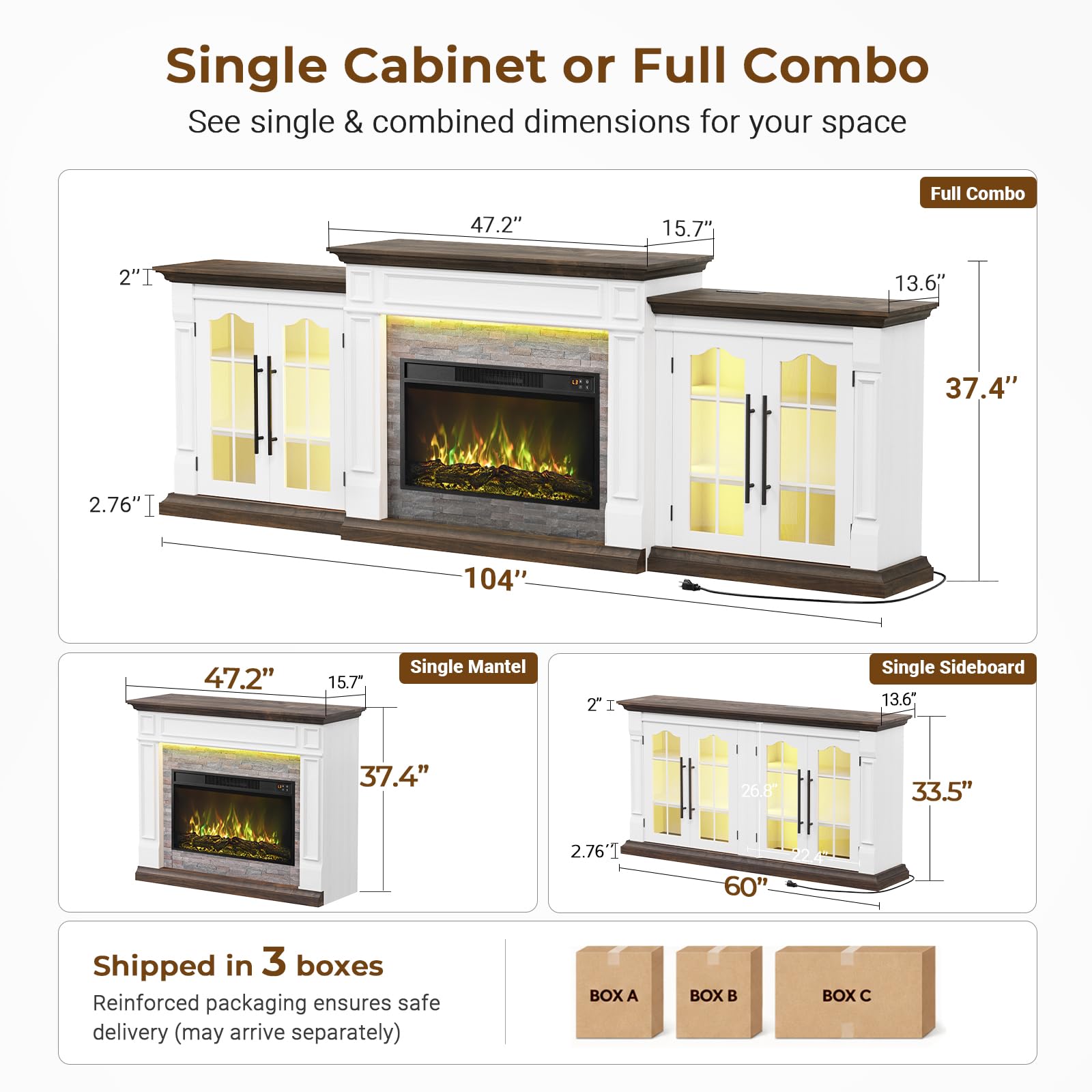 8-Color Electric Fireplace TV Stand, 104" Entertainment Center with Heater | 3-in-1 Modular Design, w/ LED lights. Built-in AC, USB, and Type-C ports, 1500W heater, Storage Cabinets, Black