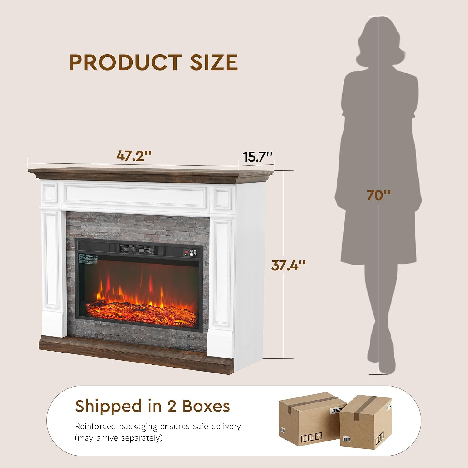 LGHM 47" Electric Fireplace with Mantel, Fireplace TV Stand with Realistic 3D Dancing Flame Effect and Stacked Stone Surround, Fireplace Heater Insert for Living Room
