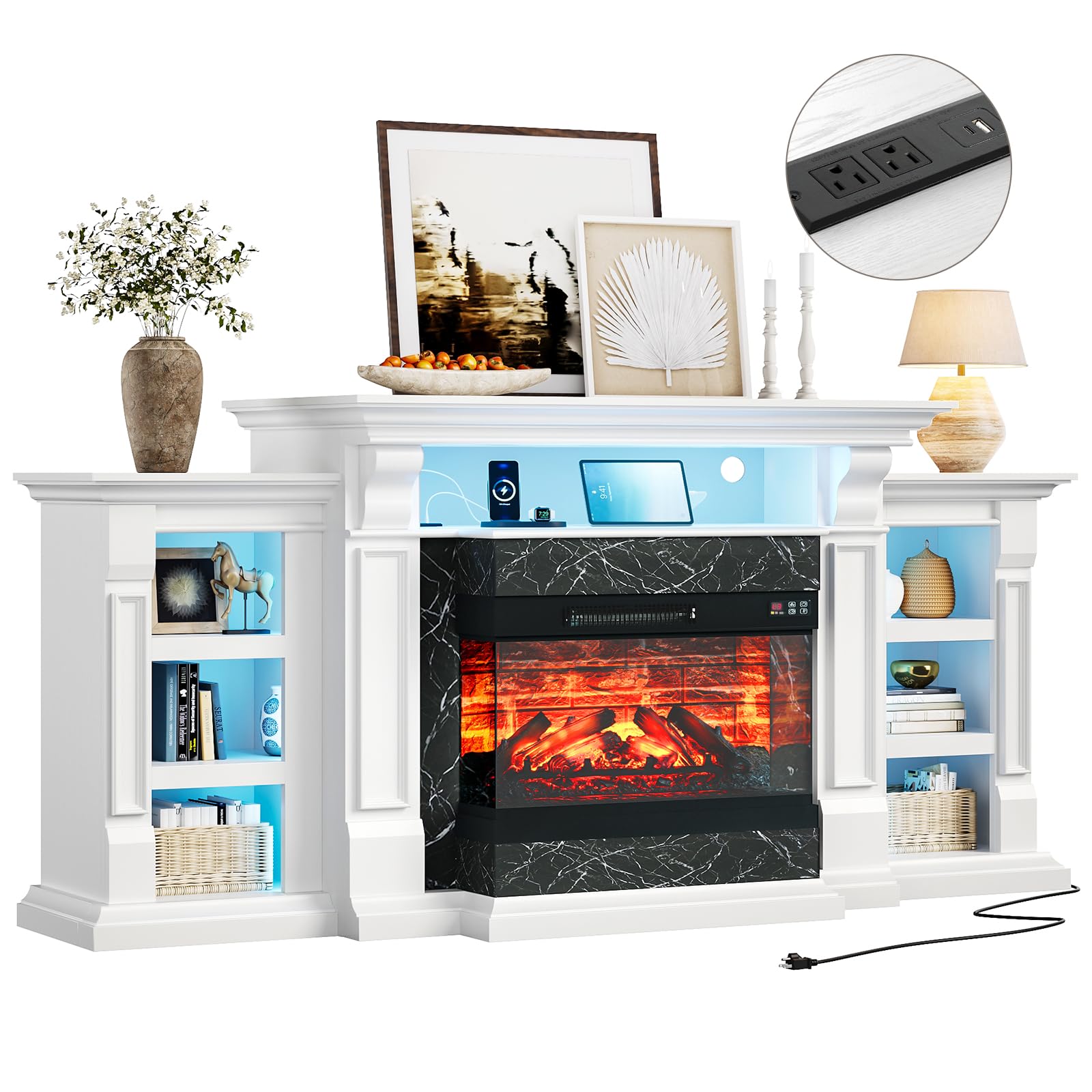 LGHM 3-Sided Glass LED Electric Fireplace TV Stand with Outlet, 72'' Fireplace Mantel for TVs up to 80'', Modern Entertainment Center with 23'' Fireplace Heater Insert for Living Room, White