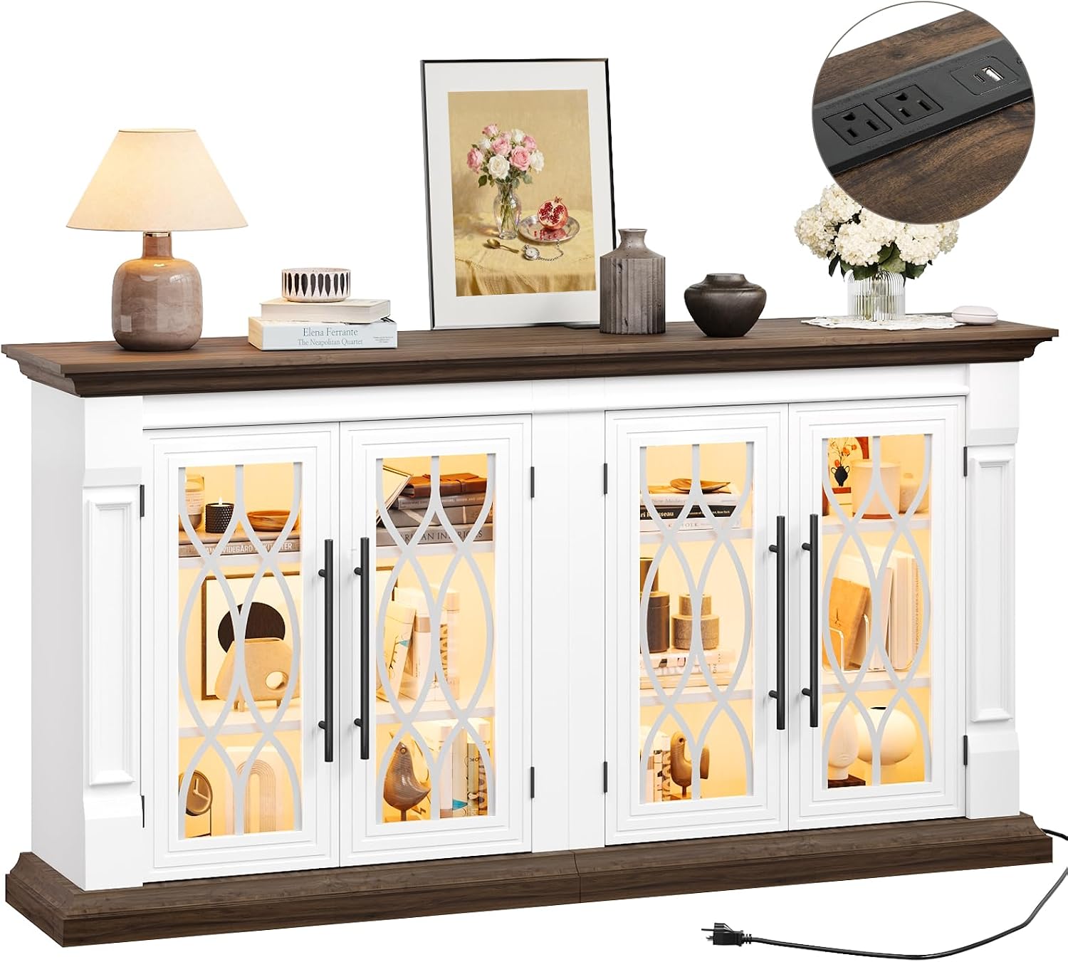 LGHM LED Sideboard Buffet Cabinet with Outlet, 2 in 1 Modular Design, 60'' Storage Cabinet with 4 Screen-Printed Glass Doors, Versatile Modern Credenza with Adjustable Shelves for Living Room