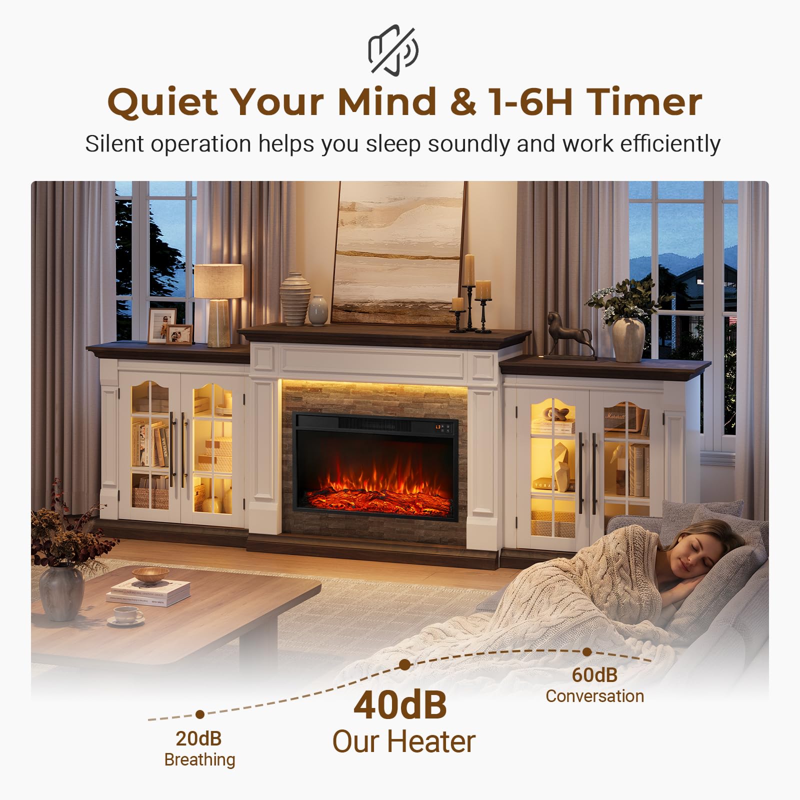 8-Color Electric Fireplace TV Stand, 104" Entertainment Center with Heater | 3-in-1 Modular Design, w/ LED lights. Built-in AC, USB, and Type-C ports, 1500W heater, Storage Cabinets, Black