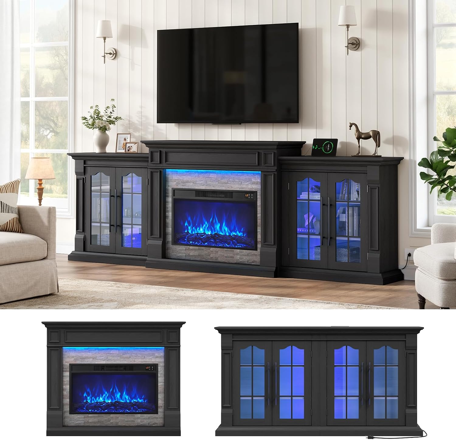 8-Color Electric Fireplace TV Stand, 104" Entertainment Center with Heater | 3-in-1 Modular Design, w/ LED lights. Built-in AC, USB, and Type-C ports, 1500W heater, Storage Cabinets, Black