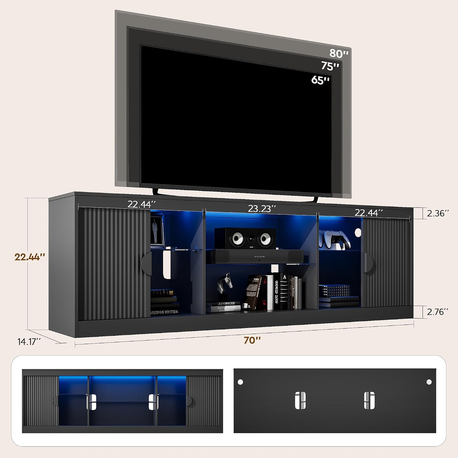 LGHM 70'' Black TV Stand with Lighting, Stylish Modern Entertainment Center with Slip Doors for TVs Up to 80”, Media Console for Living Room