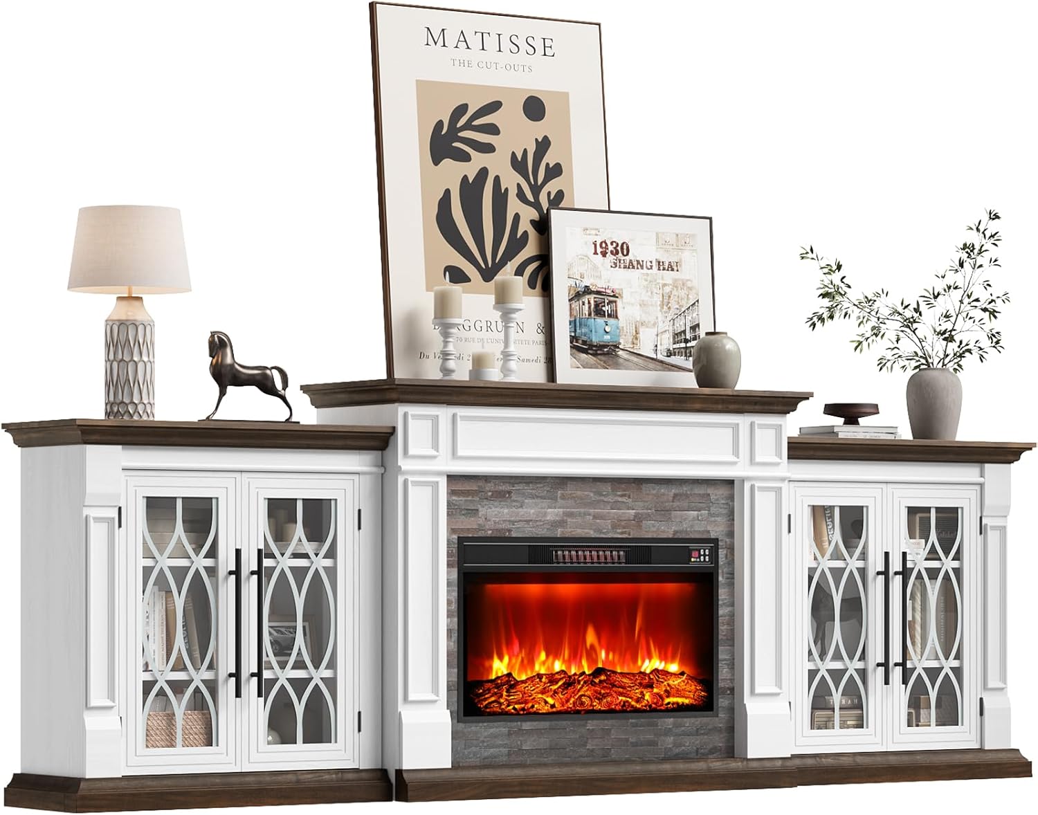 LGHM 104" Fireplace TV Stand with for TVs Up to 100 Inch, 3 in 1 Electric Fireplace with Mantel, Entertainment Center with Storage, 30'' Fireplace Heater Insert with 3D Flame Effect for Living Room