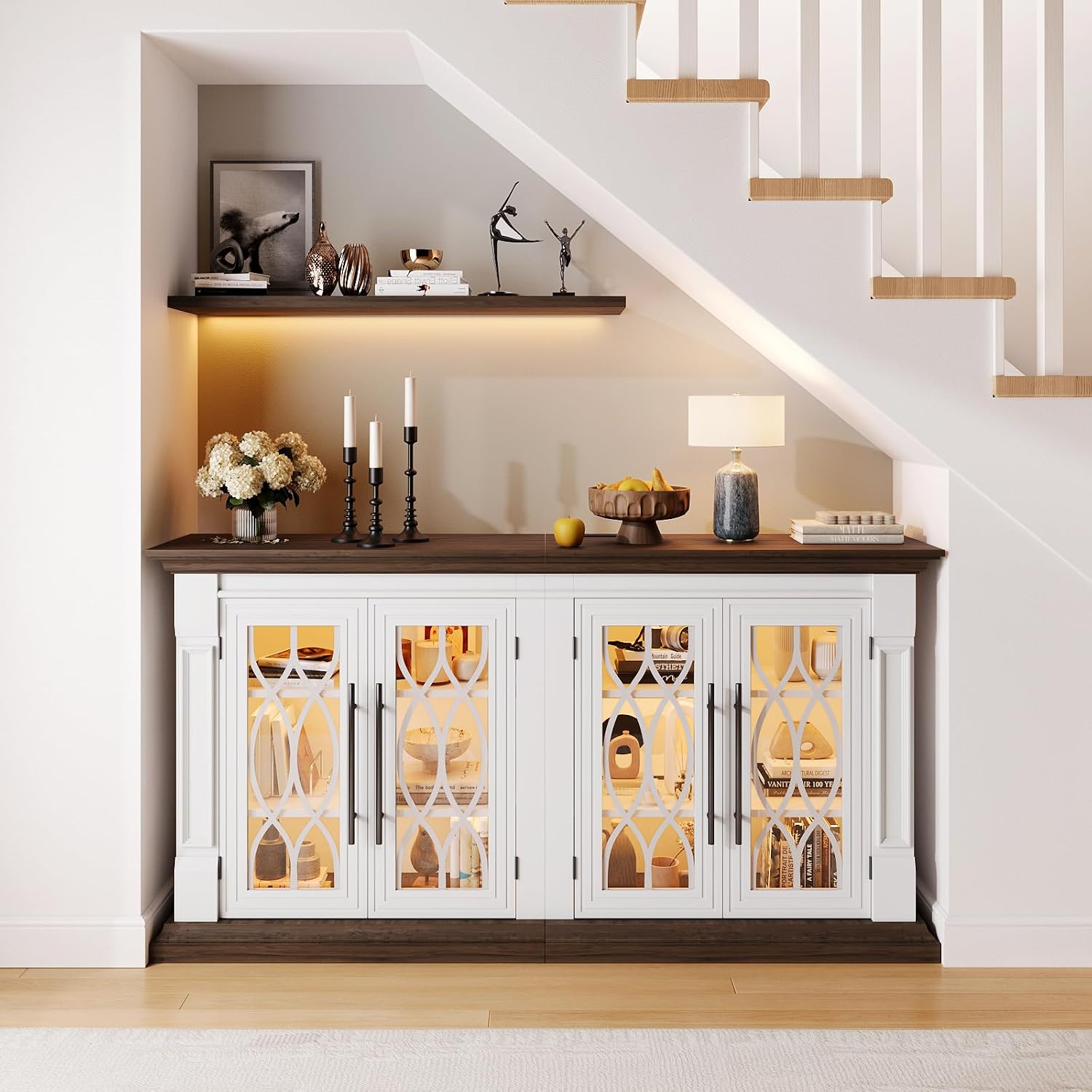 LGHM LED Sideboard Buffet Cabinet with Outlet, 2 in 1 Modular Design, 60'' Storage Cabinet with 4 Screen-Printed Glass Doors, Versatile Modern Credenza with Adjustable Shelves for Living Room