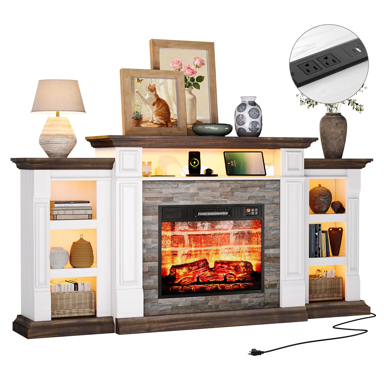 72'' Fireplace TV Stand with Outlet & LED, Electric Fireplace with Mantel, Entertainment Center with Storage for TVs Up to 80 Inch, 23'' Fireplace Heater Insert with 3D Flame Effect for Living Room