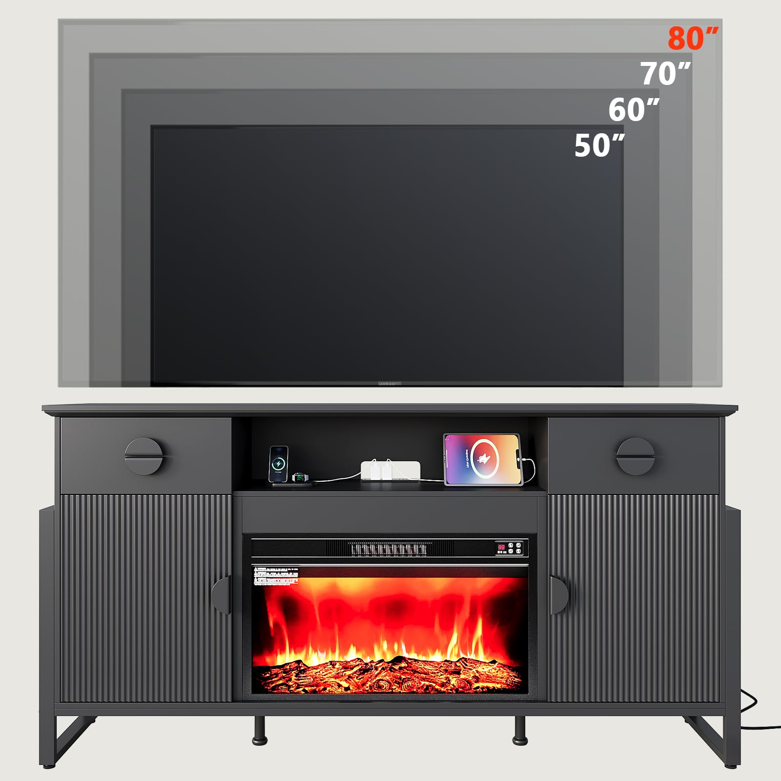 LGHM 70'' Fireplace TV Stand for TVs Up to 80 Inch, Fluted TV Stand with 30" Fireplace for Living Room, Black