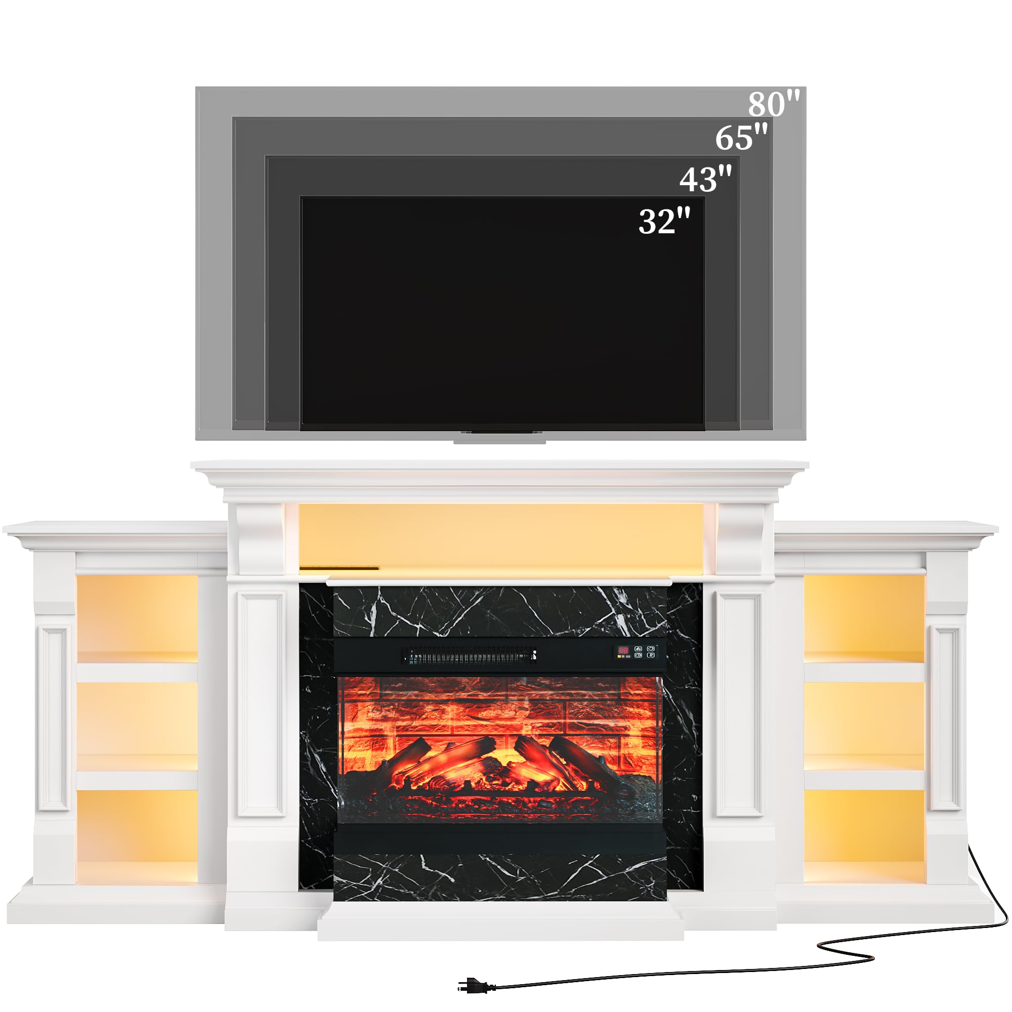 LGHM 3-Sided Glass LED Electric Fireplace TV Stand with Outlet, 72'' Fireplace Mantel for TVs up to 80'', Modern Entertainment Center with 23'' Fireplace Heater Insert for Living Room, White