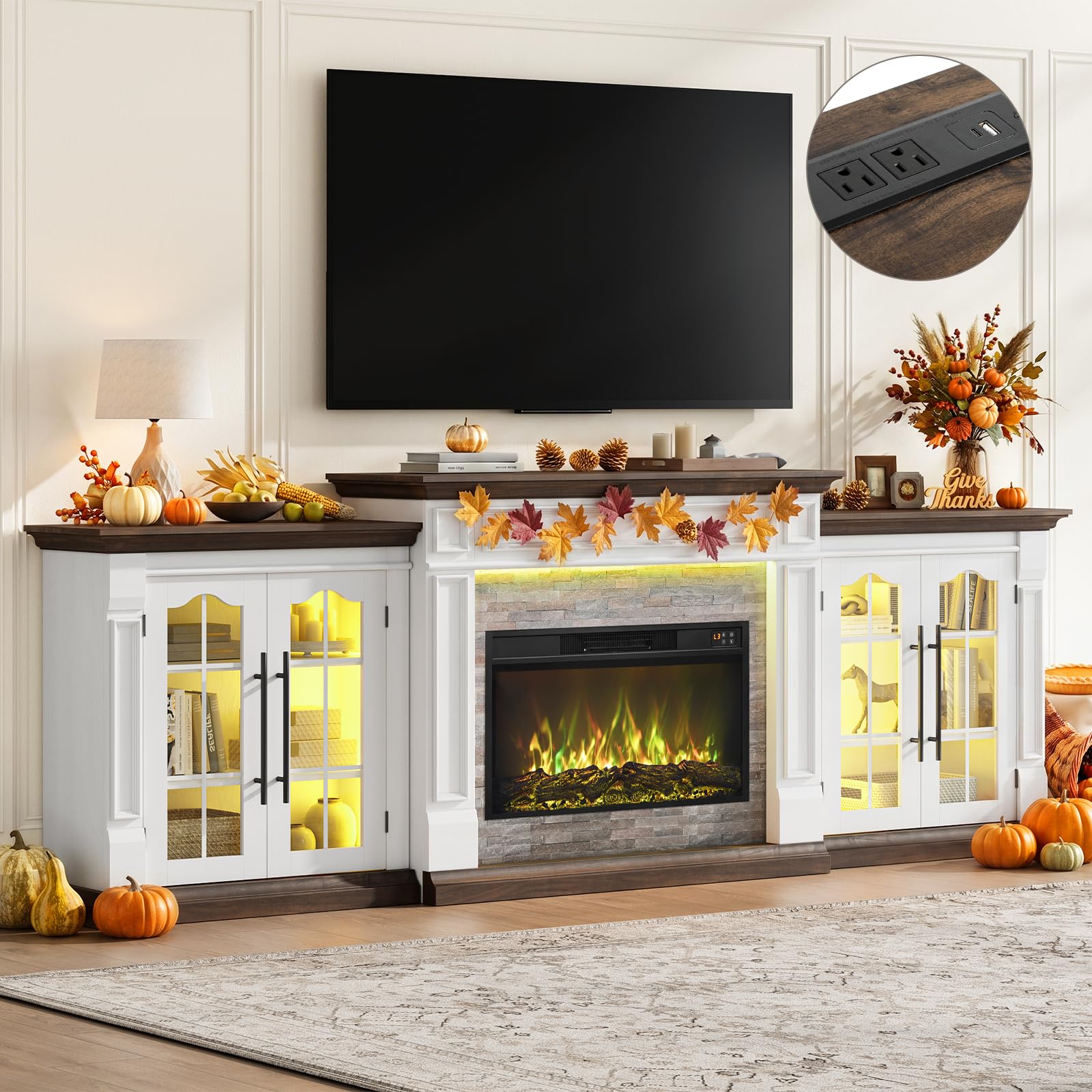 8-Color Electric Fireplace TV Stand, 104" Entertainment Center with Heater | 3-in-1 Modular Design, w/ LED lights. Built-in AC, USB, and Type-C ports, 1500W heater, Storage Cabinets, Black