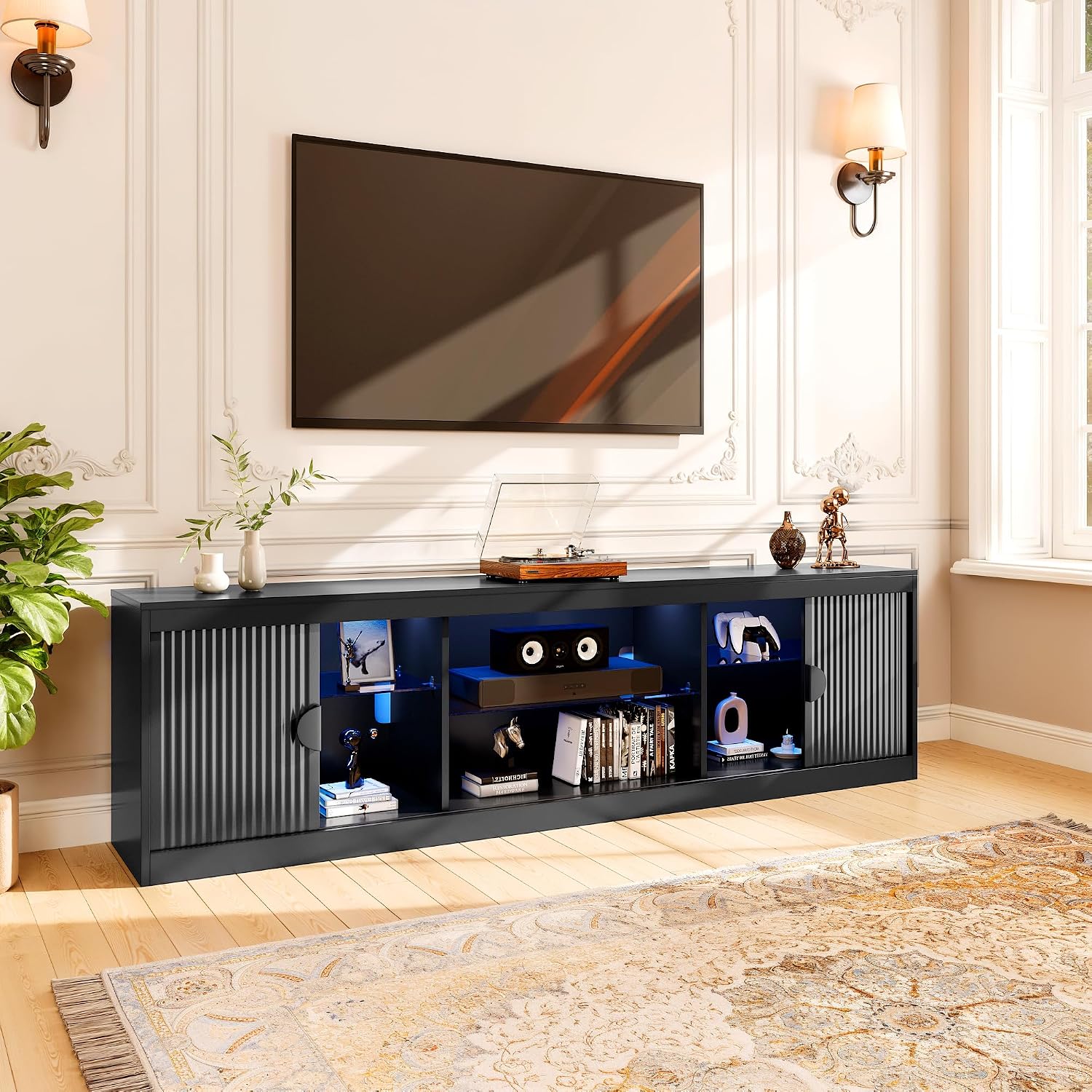 LGHM 70'' Black TV Stand with Lighting, Stylish Modern Entertainment Center with Slip Doors for TVs Up to 80”, Media Console for Living Room