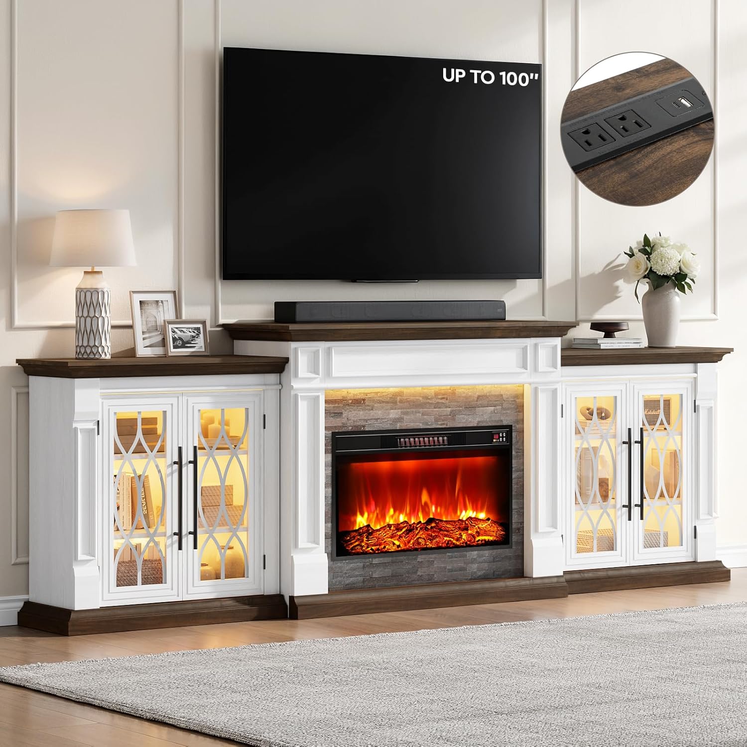 LGHM 104" LED Fireplace TV Stand with Outlet, Sectional Design | Entertainment Center with Fireplace Living Room, Fireplace Cabinet for TVs Up to 100 Inch, White/Brown