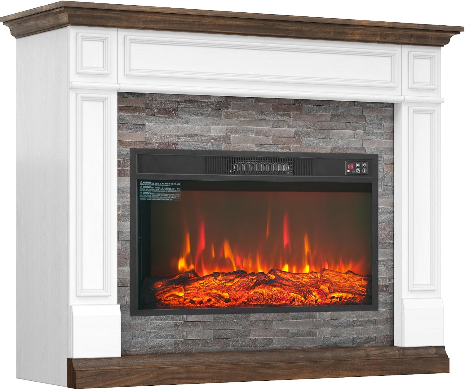 LGHM 47" Electric Fireplace with Mantel, Fireplace TV Stand with Realistic 3D Dancing Flame Effect and Stacked Stone Surround, Fireplace Heater Insert for Living Room