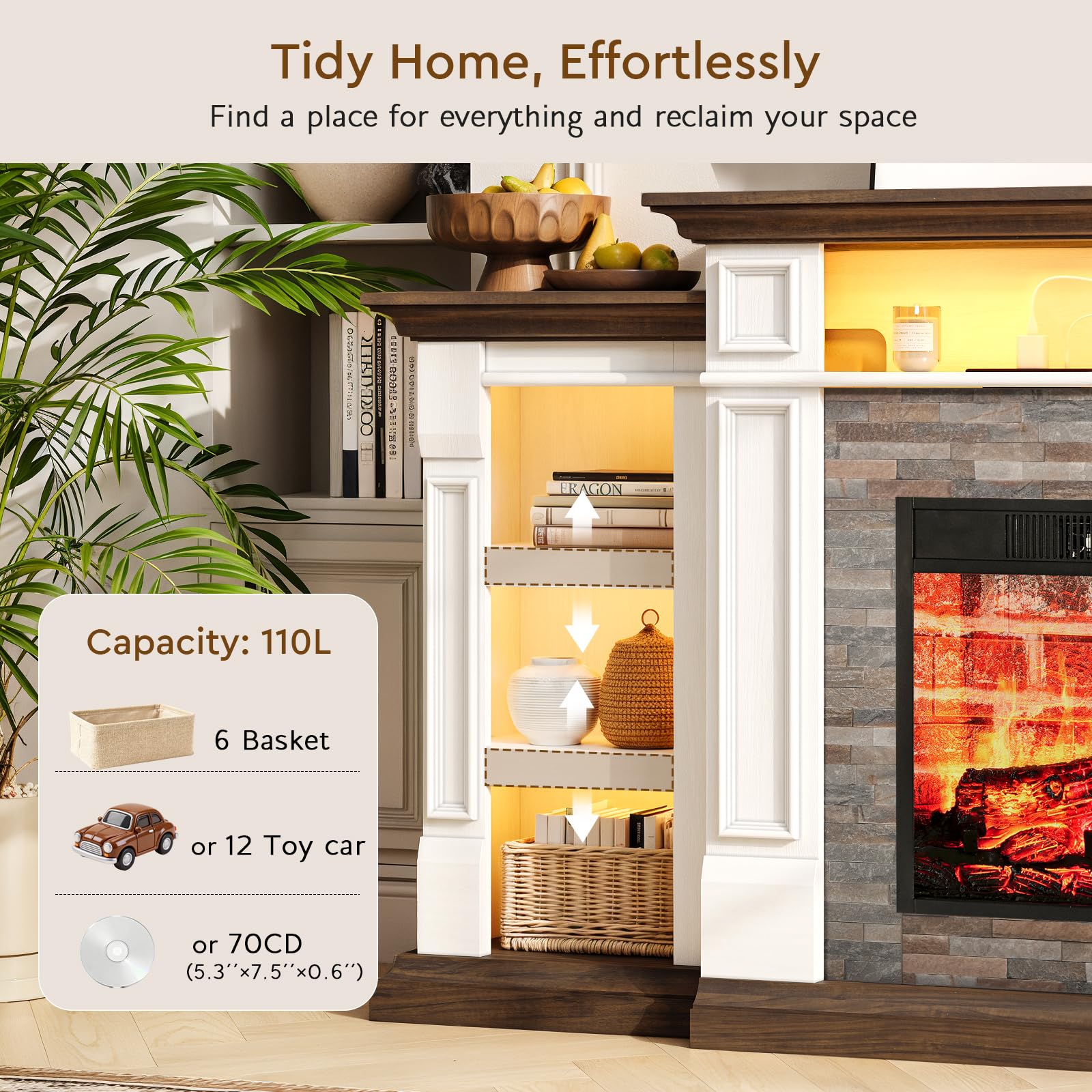 72'' Fireplace TV Stand with Outlet & LED, Electric Fireplace with Mantel, Entertainment Center with Storage for TVs Up to 80 Inch, 23'' Fireplace Heater Insert with 3D Flame Effect for Living Room