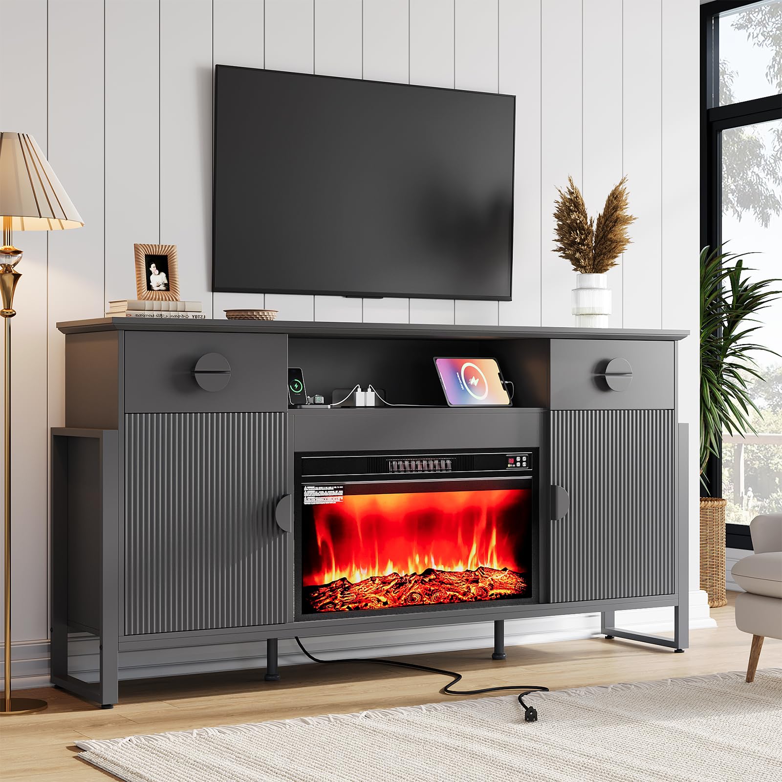 LGHM 70'' Fireplace TV Stand for TVs Up to 80 Inch, Fluted TV Stand with 30" Fireplace for Living Room, Black