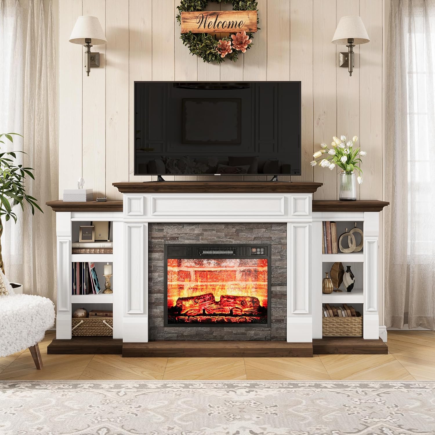 LGHM 72" Electric Fireplace with Mantel and Cabinets
