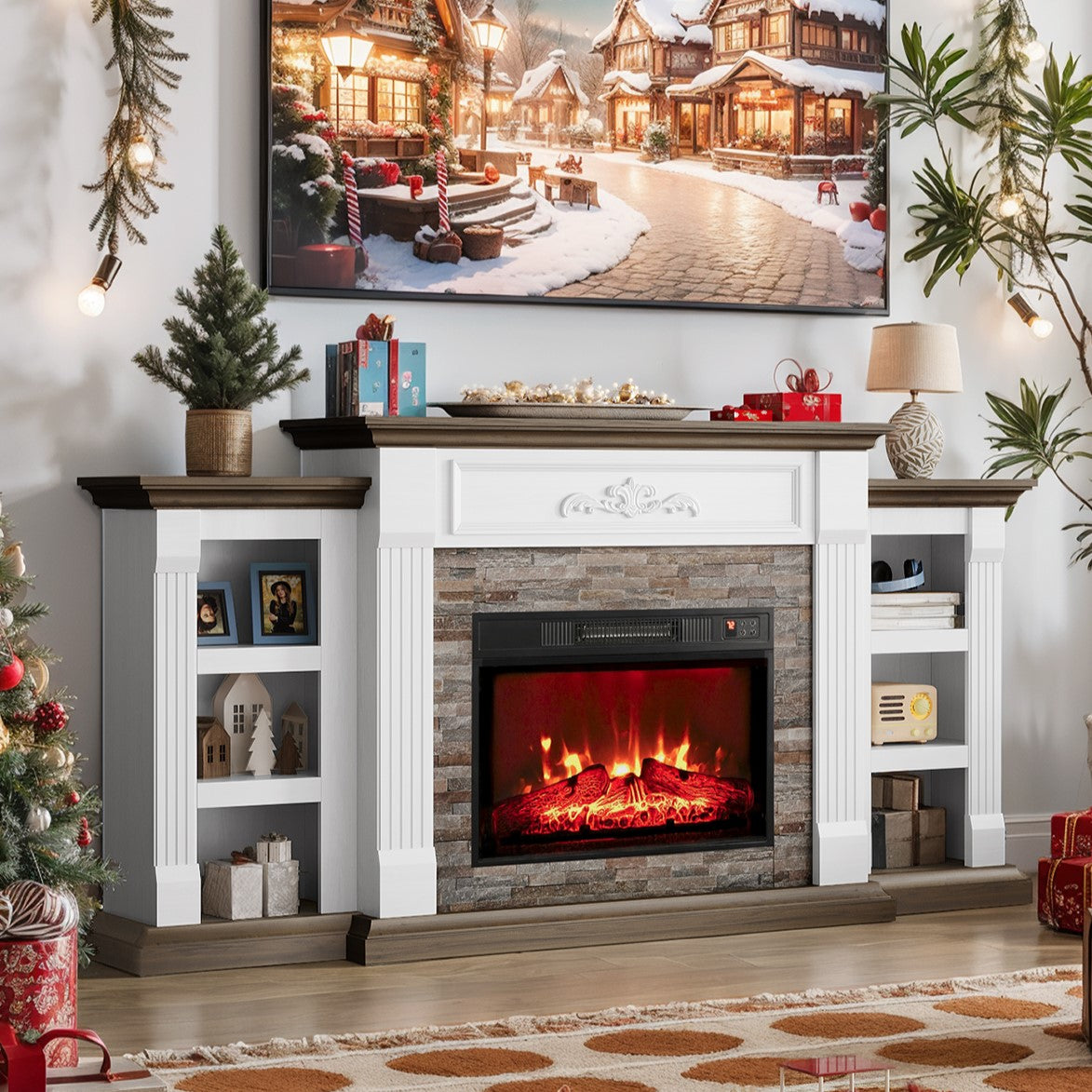 LGHM 72" Rectangular Farmhouse TV Stand with 23" Electric Fireplace - Rustic Wood Console, Stacked Stone Accents, Fits 80" TVs, 3D Flames, Adjustable Heater, App Control, Double Adjustable Shelves, Living Room Entertainment Storage Furniture,familyfun