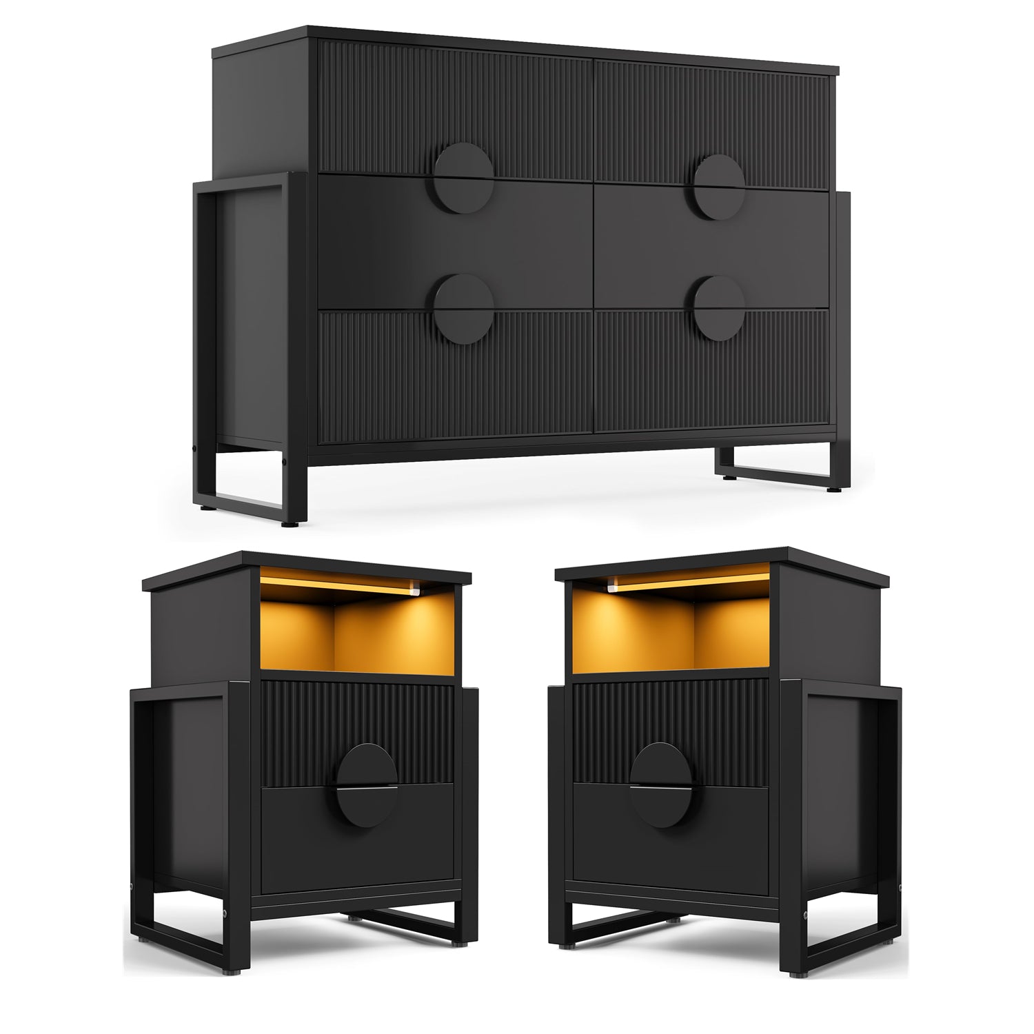 3 Piece Bedroom Dresser and Nightstand Set, Fluted Wide Chest of Drawers, Bed Side Table with LED Lights