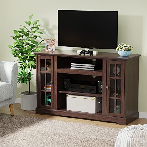 LGHM Farmhouse TV Stand, Entertainment Center for 55 inch TV, 48'' TV Console with Storage Shelves, Small TV Stand with Glass Door, Brown