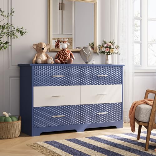 LGHM Modern 6 Drawer Dresser, Thick Dressers for Bedroom, Chest of Drawers Closet Organizers and Storage Clothes - Easy Pulls Handle, Textured Delta Star Drawers for Bedroom, Hallway