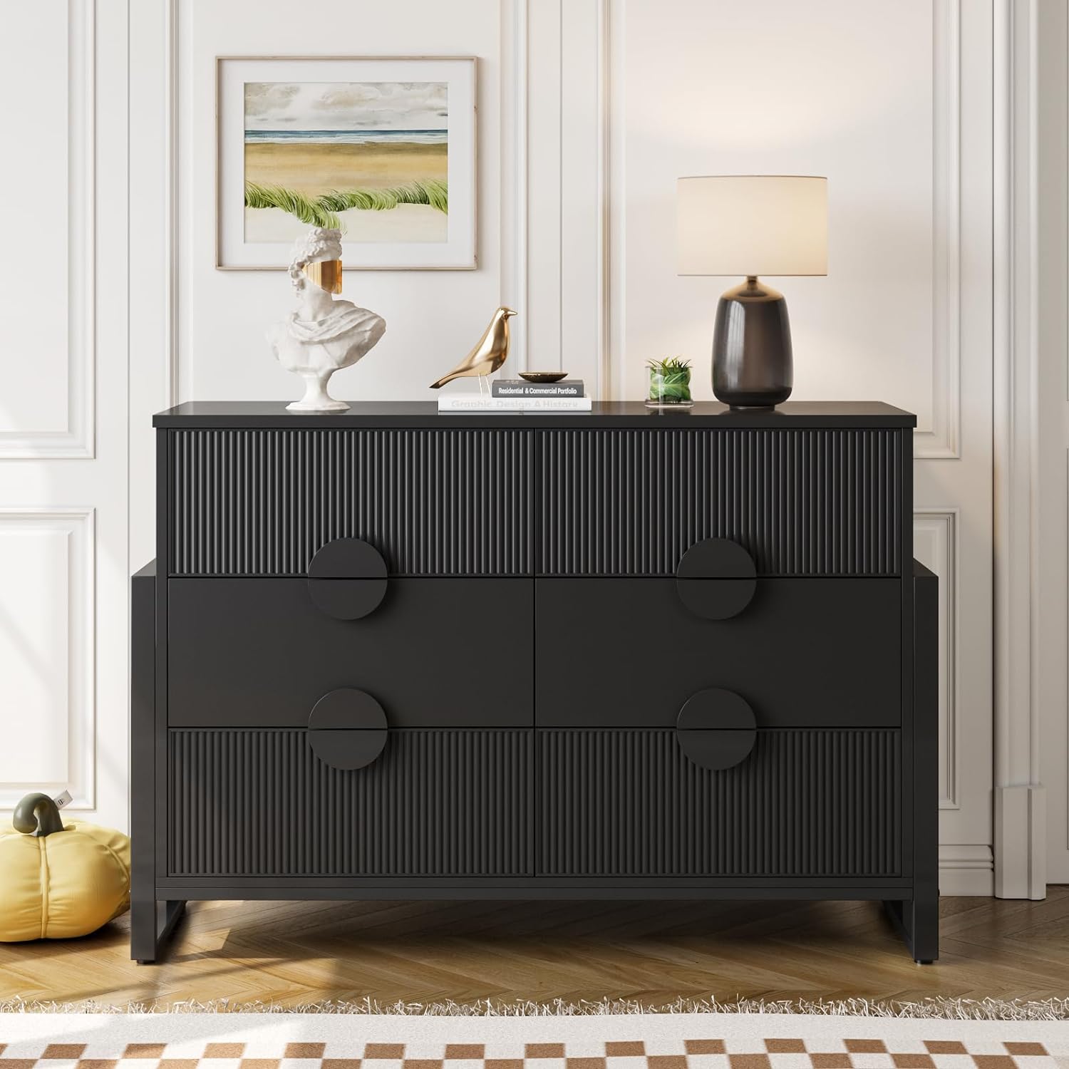 LGHM Modern 6 Drawer Dresser Textured Wood Sticks Borders H Legs
