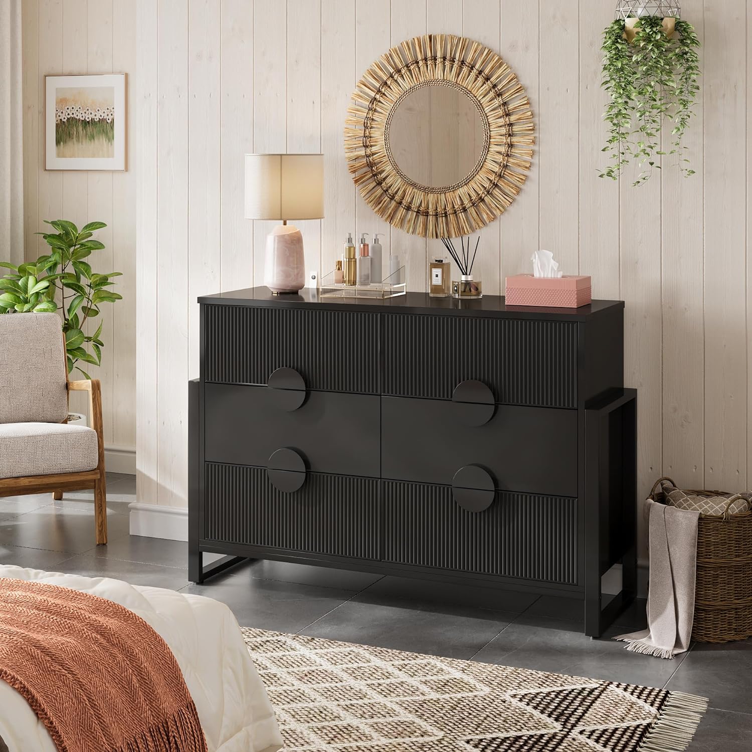 LGHM Modern 6 Drawer Dresser Textured Wood Sticks Borders H Legs LGHM Modern 6 Drawer Dresser Textured Wood Sticks Borders H Legs